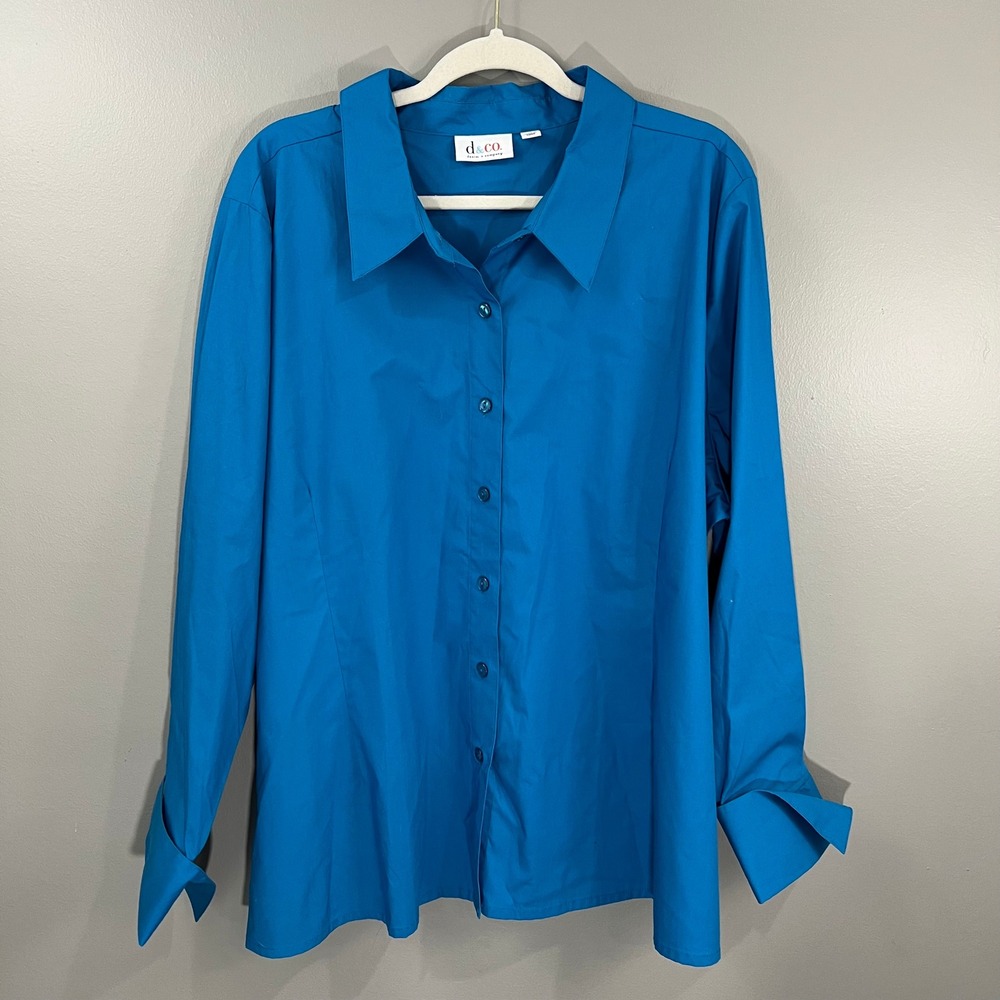 Denim & Co Button Down Women 3X Blue Great Long Sleeve Cotton Blend Stretch Top